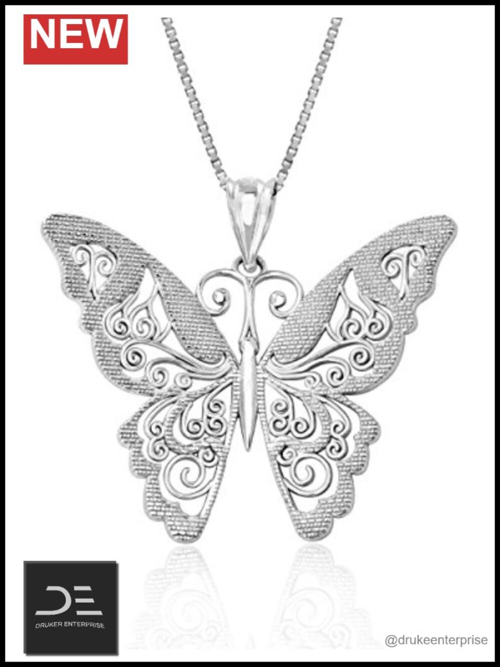 Sterling Silver Filigree Butterfly Necklace Pendant 18" Chain